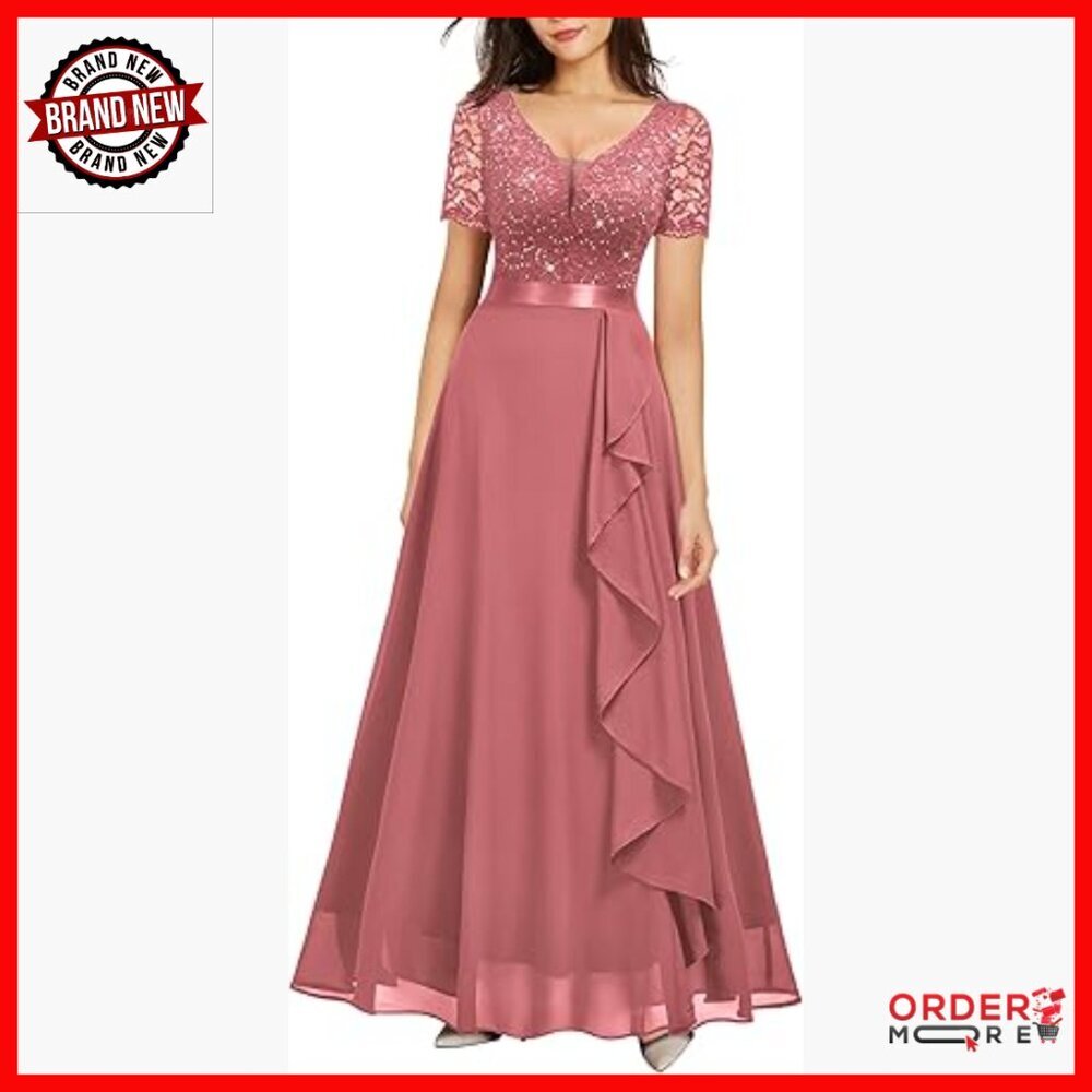 V-Neck Ruffle Floral Lace Maxi Dress Formal A-Line Zipper Back
